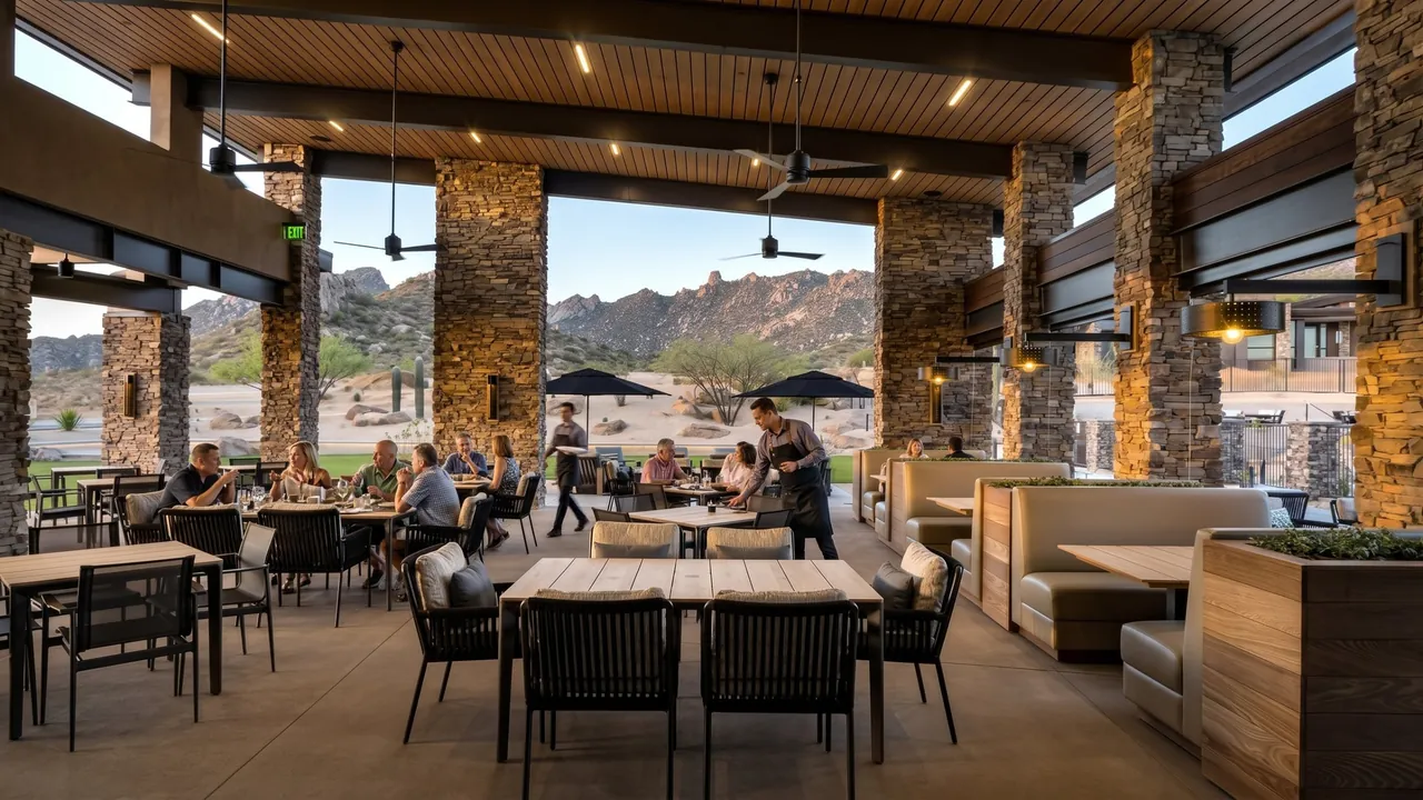 Alterra's covered terrace, set for dinner