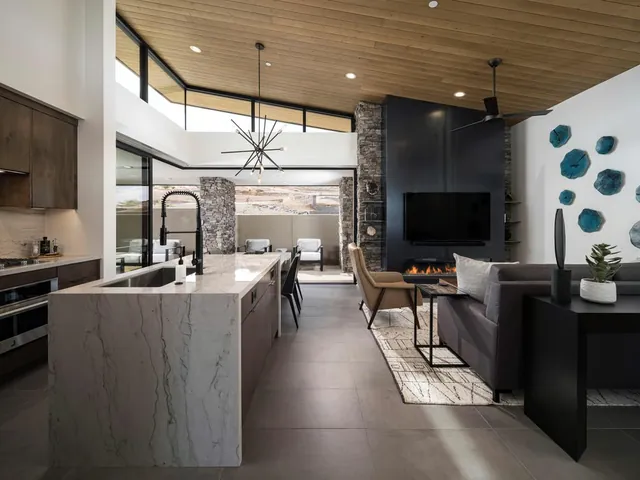 Great room with clerestory windows and the kitchen