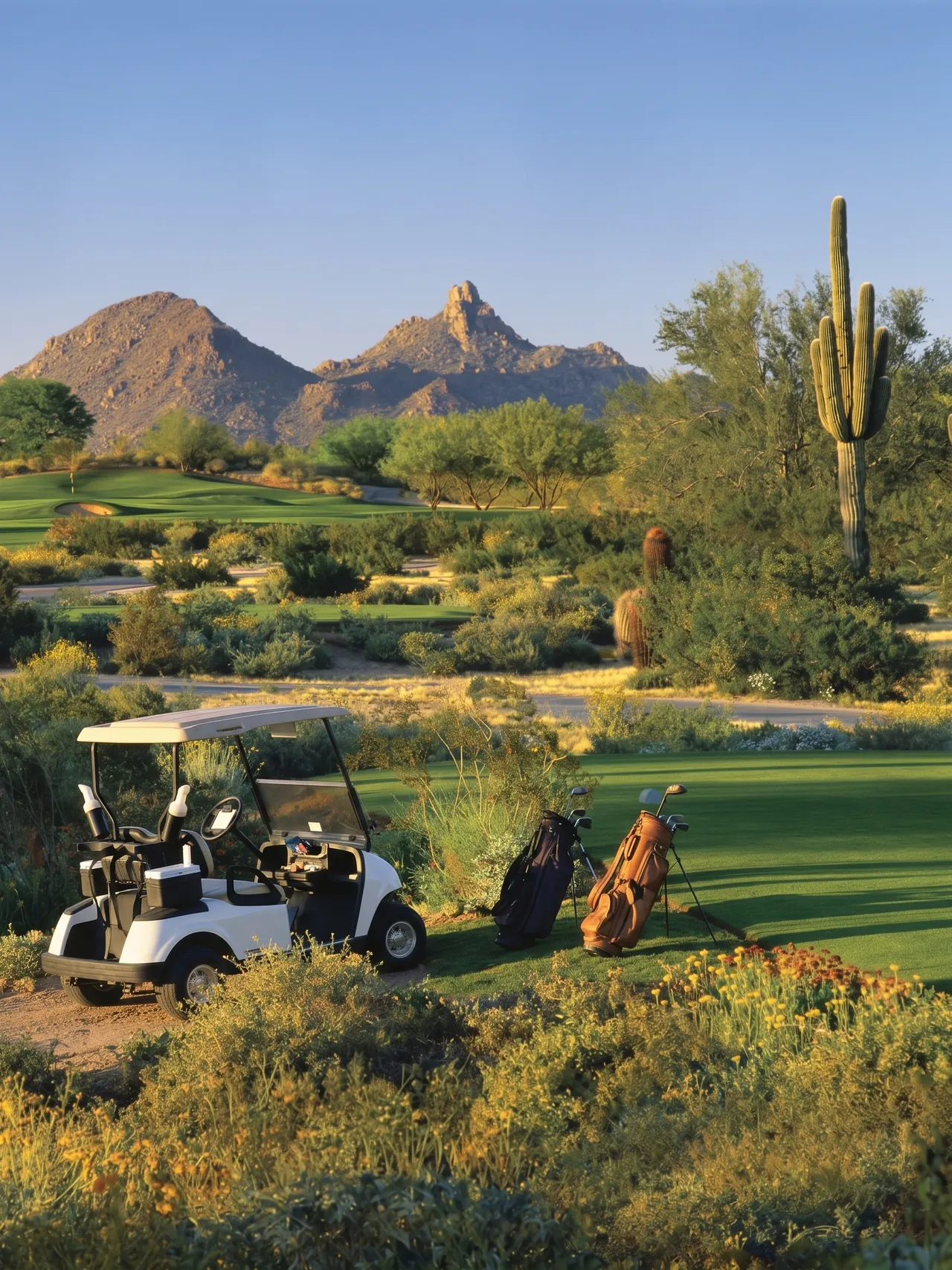 A golf cart and bags beside a desert fairway, with Pinnacle Peak behind