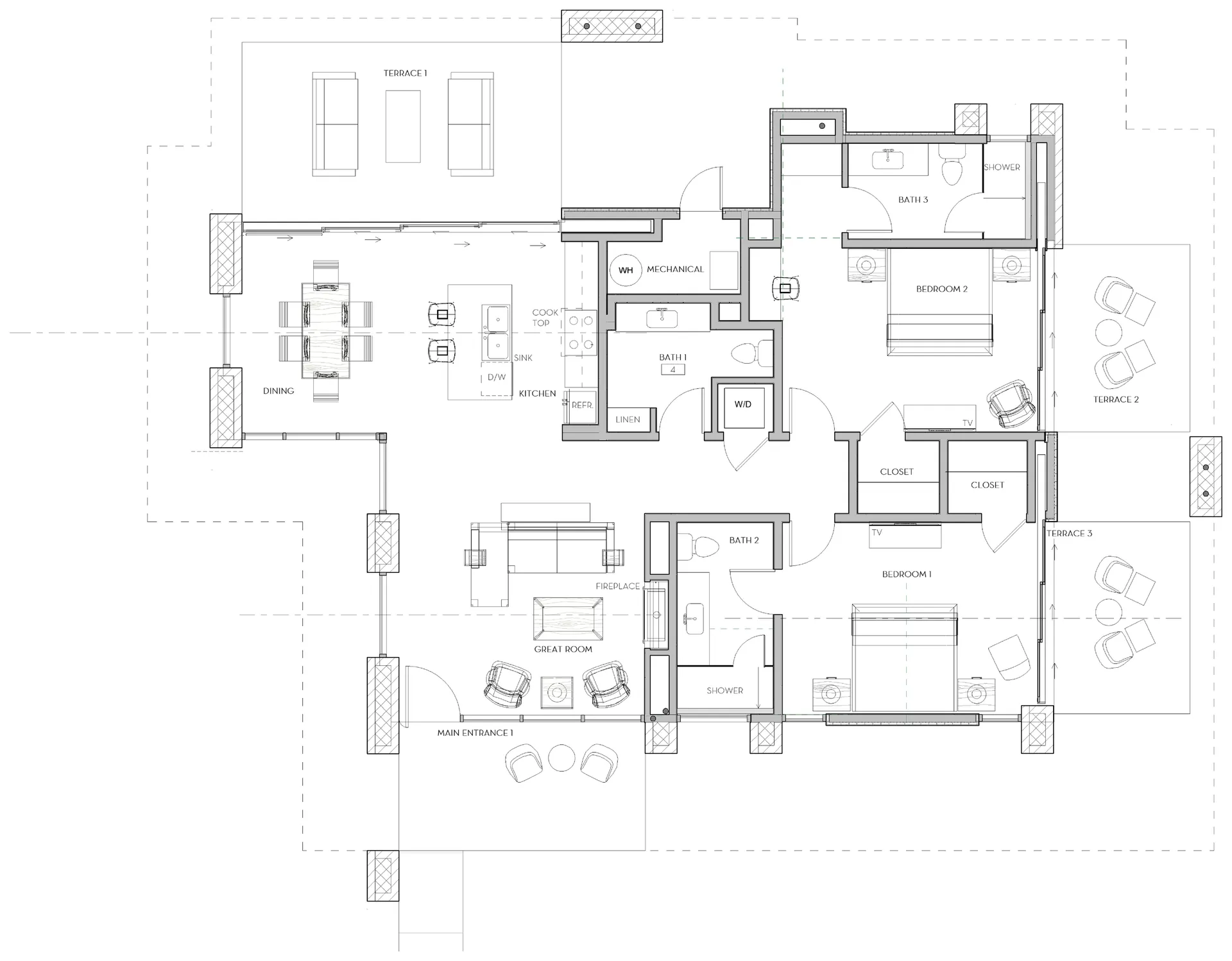 Iron Ore floor plan: the dining room, kitchen and great room on the left; two bedroom suites with their own bathrooms and terraces on the right; a powder room and laundry in between