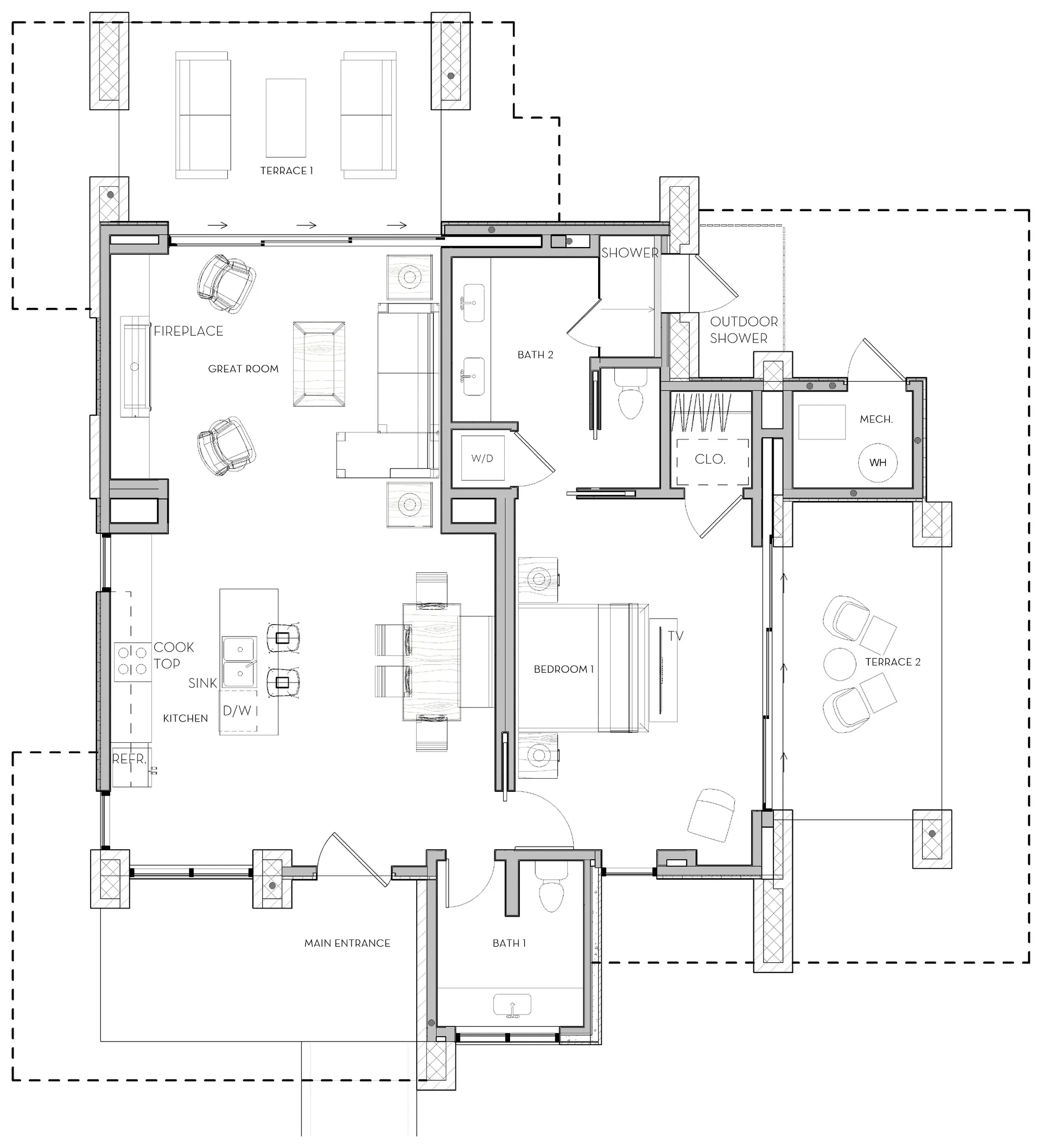 Shale floor plan: the great room, dining and kitchen along one side; the king bedroom, double-vanity bath with outdoor shower and a powder room along the other; two terraces